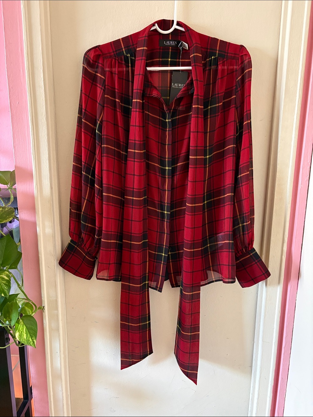 NWT Lauren Ralph Lauren Sheer Red Plaid Button Down Top w Black Underlayer